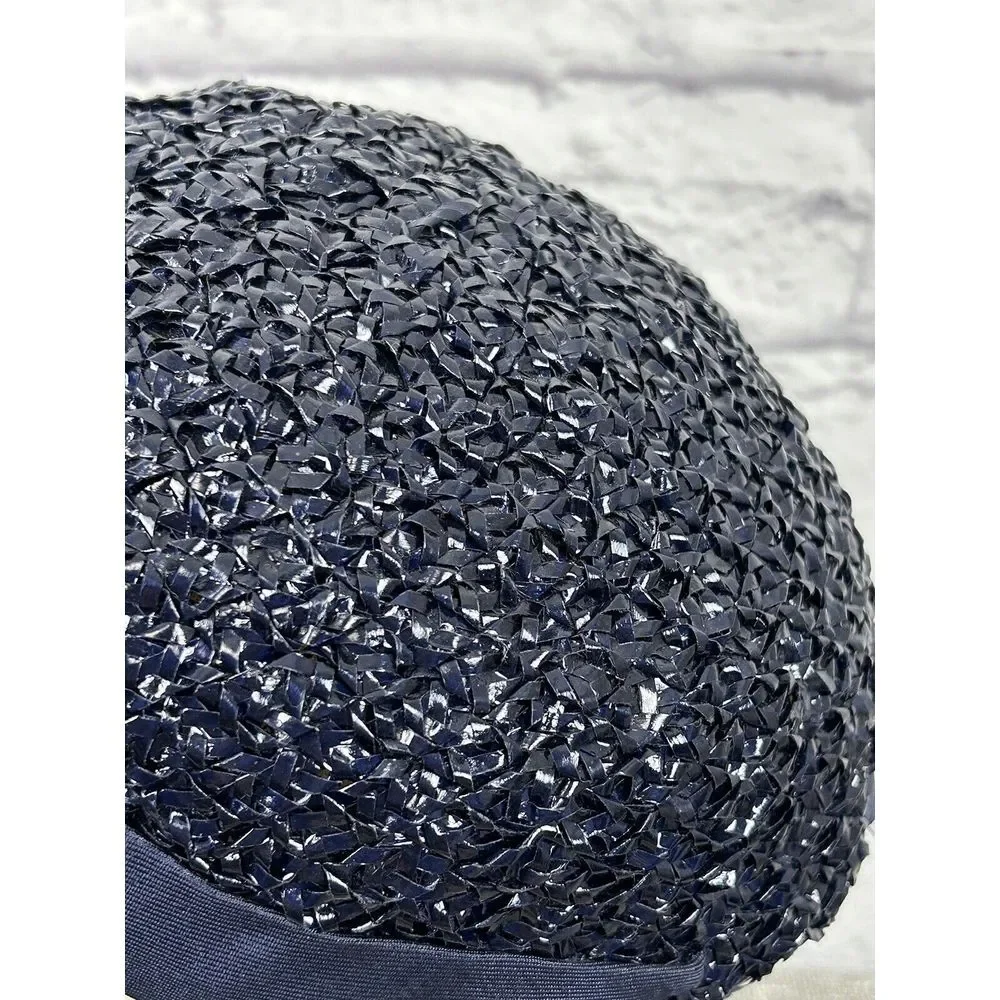 Vintage Trebor 1950s Lacquered Raffia Woven Hat Turban Bubble Navy Blue With Box